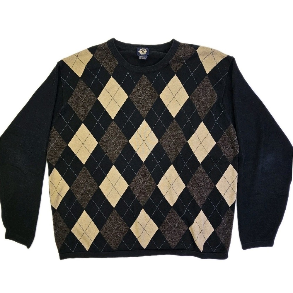 Dockers Mens XL Argyle Crewneck Sweater Black Tan Brown 100% Cotton Pullover